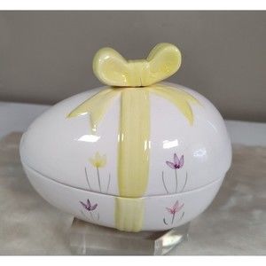 Vintage Hand Painted Ceramic Glazed Easter Flowers Egg Covered Candy Dish decor